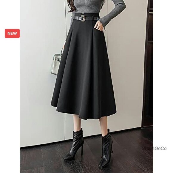Wool Midi Skirt High Waisted A-Line Pleated Belted Elegant Fall Winter - Picture 5 of 8